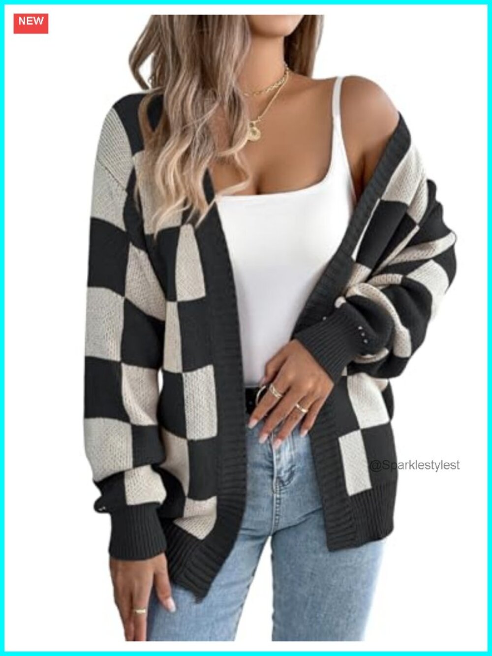 Womens Checkered Cardigan Sweater Oversized Knit Open Front